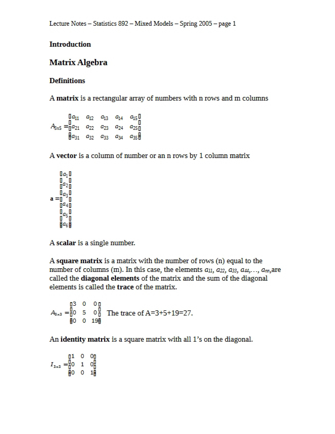 Algebra of Matrices