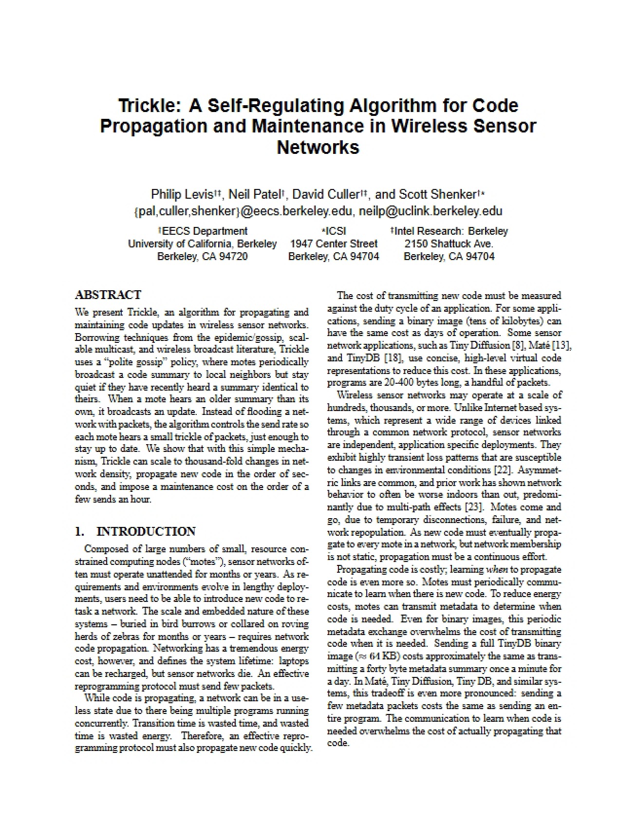Trickle A Self-Regulating Algorithm for Code Propagation and Maintenance in Wireless Sensor Networks