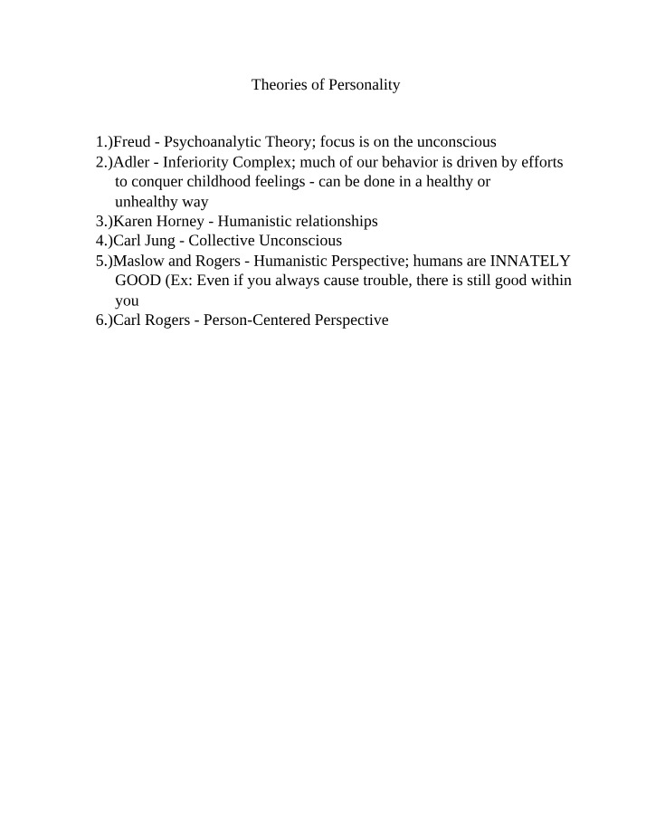 Theories of Personality - Freud, Adler, Horney, Jung, and Maslow