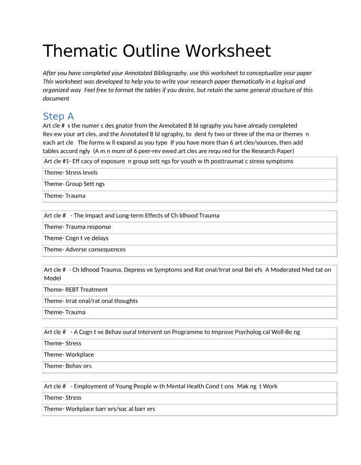 Worksheet for Thematic Outline