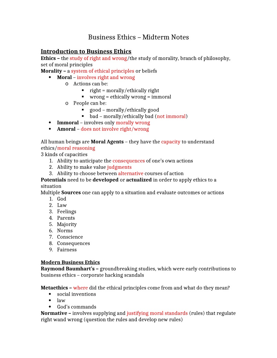 Midterm Notes for Business Ethics