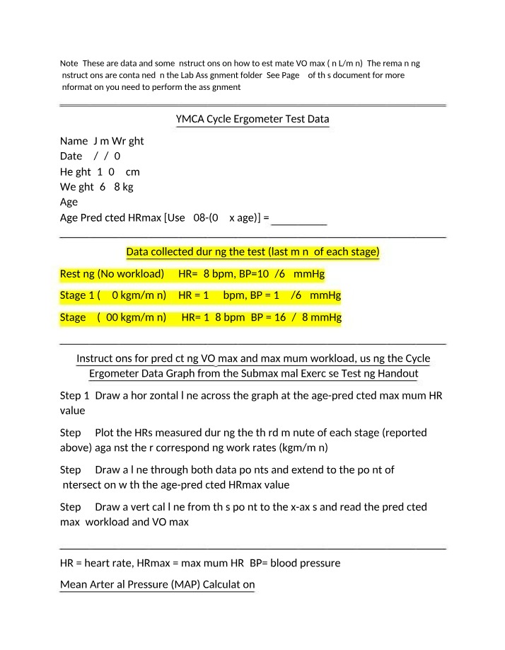 Data from the YMCA Cycle Ergometer Test