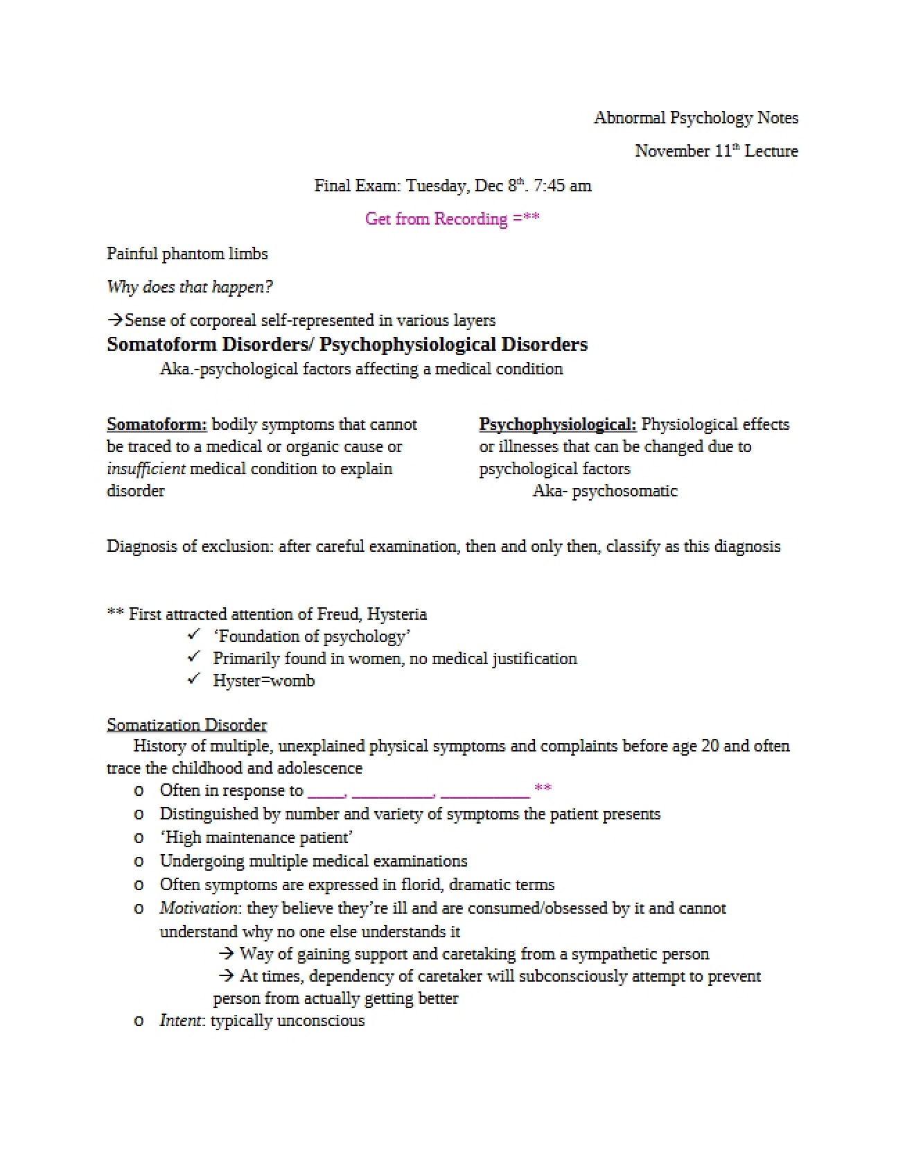 Abnormal Psychology Final Examination