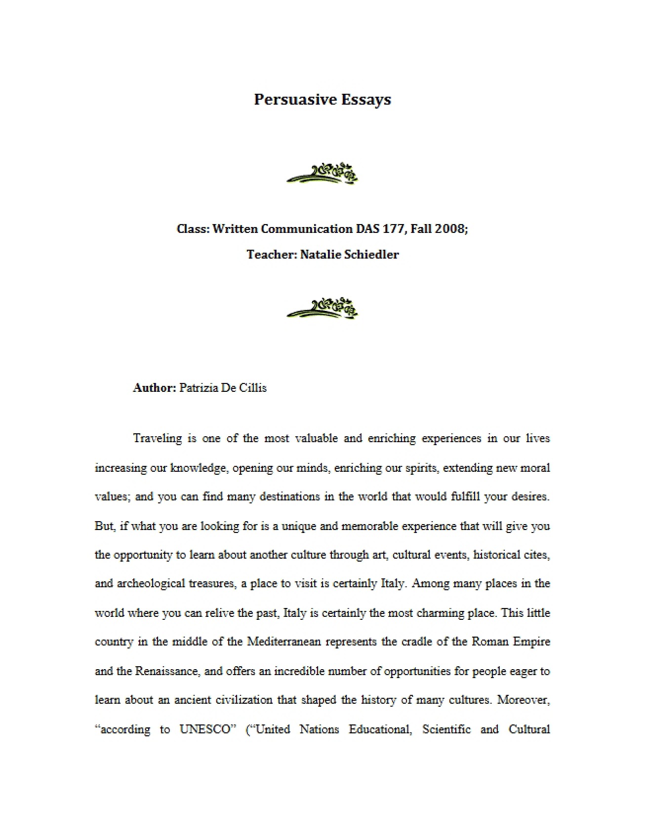 Introduction to the Writing of Persuasive Essays