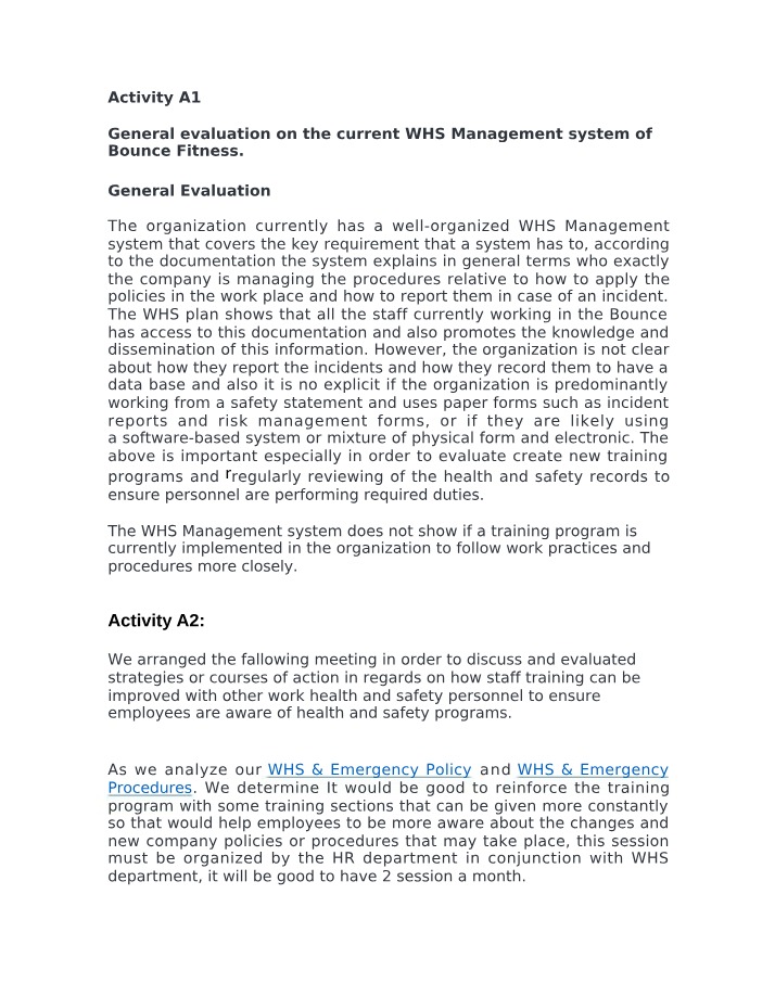 WHS Management System Evaluation - Bounce Fitness
