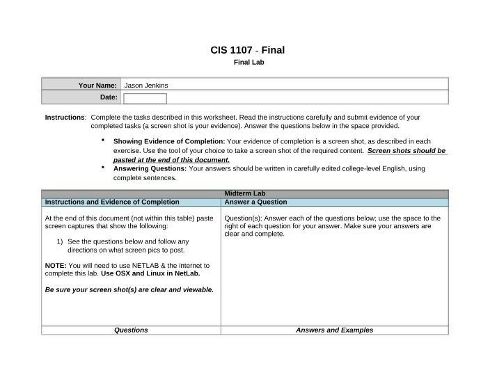Final Lab - Questions and Instructions