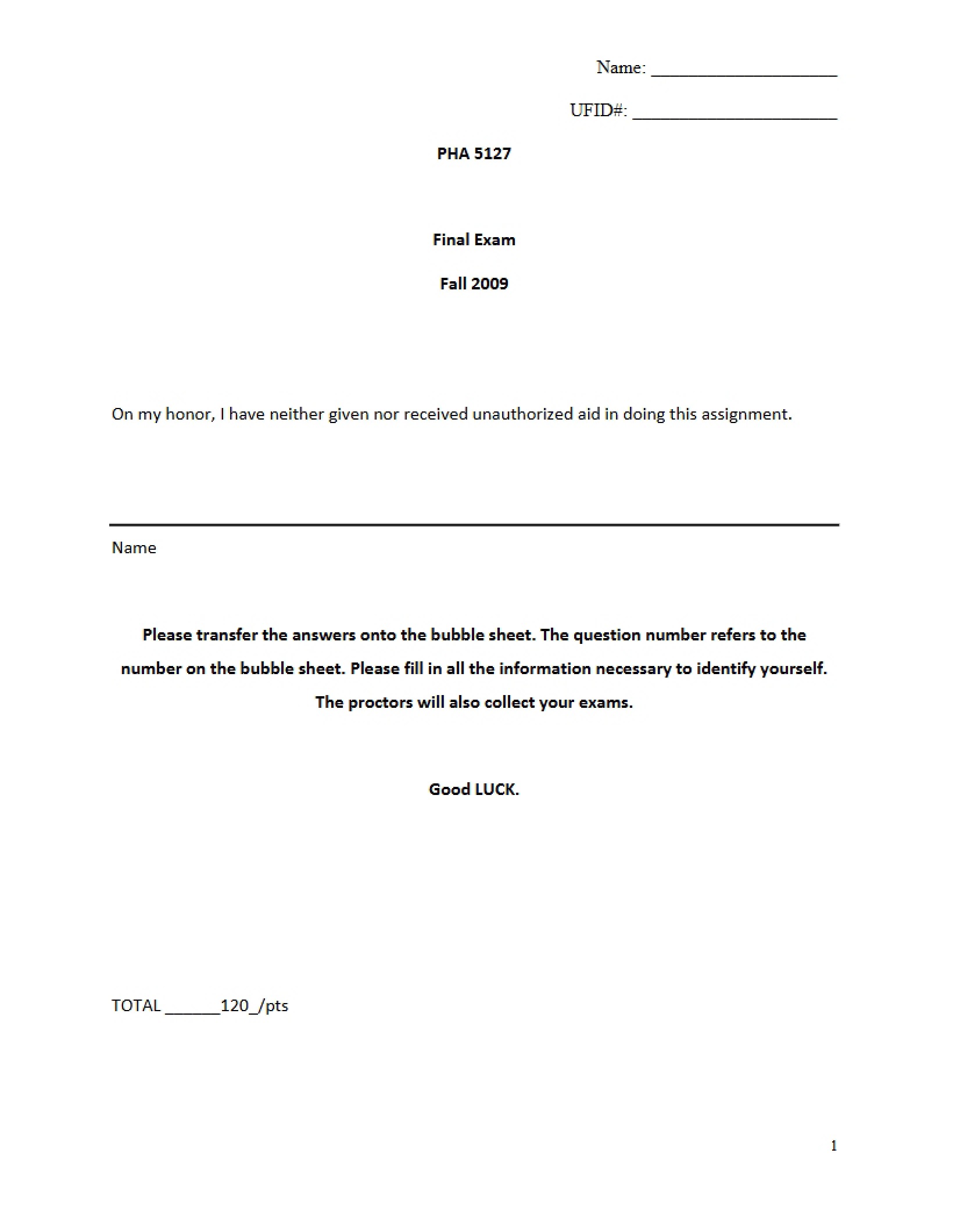 Final Exam for PHA 5127