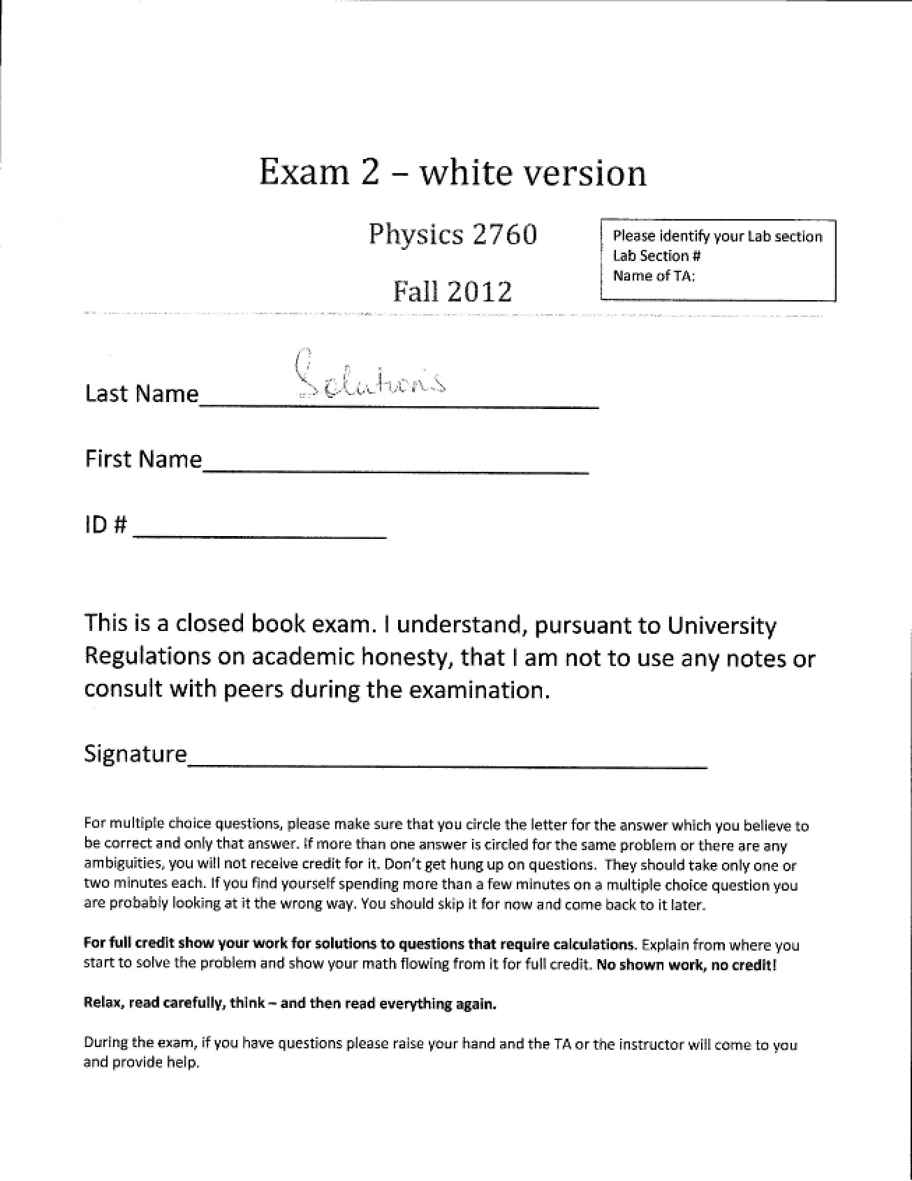 Solutions to Exam 02 (Fall 2012)