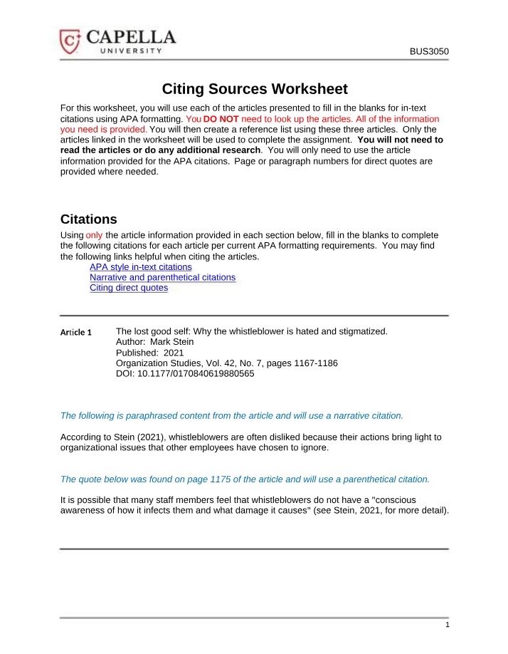 Worksheet on Citing Sources