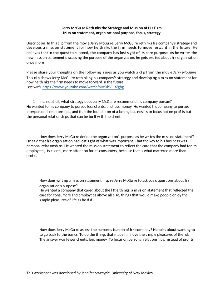 Mission Statement Worksheet - Jerry McGuire
