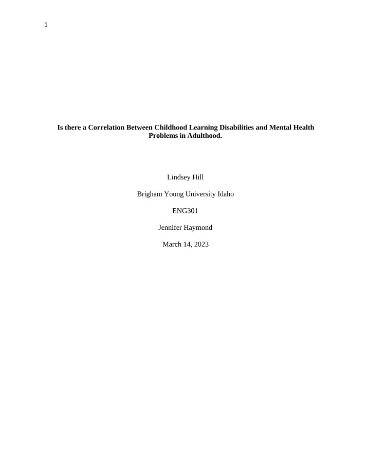 Childhood Learning Disabilities and Adult Mental Health Problems - A Correlation