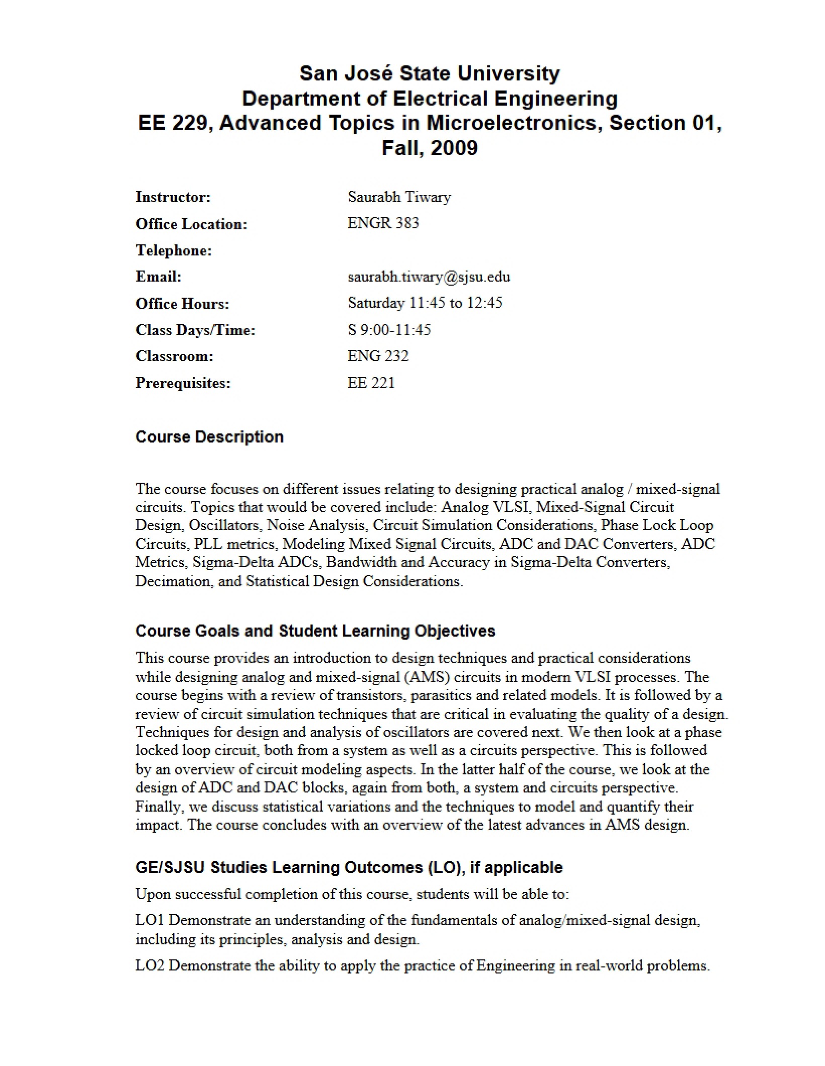 Advanced Microelectronics Syllabus