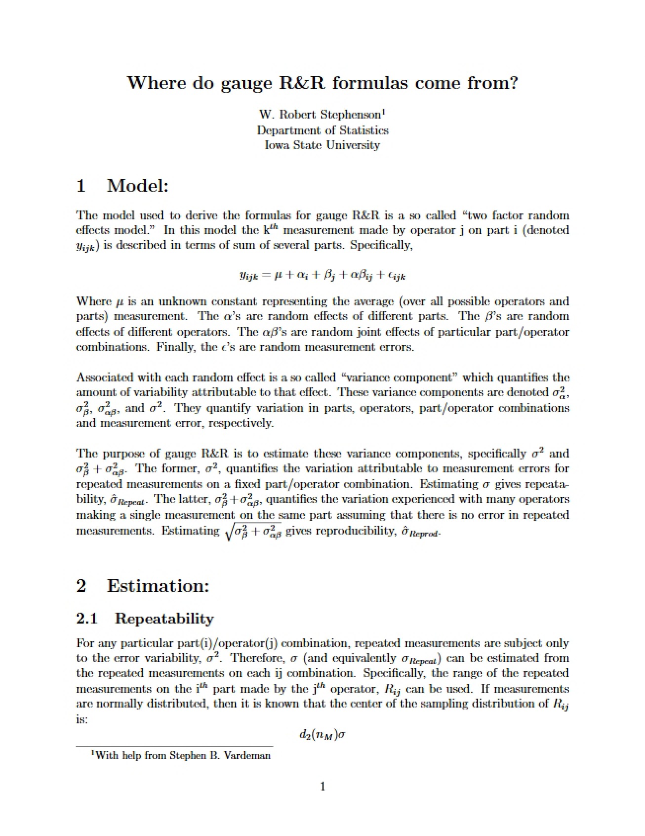 Explanation of the Formulas for Gauge R&R
