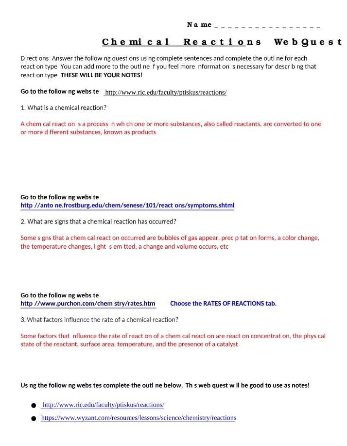Web Quest Notes on Chemical Reactions
