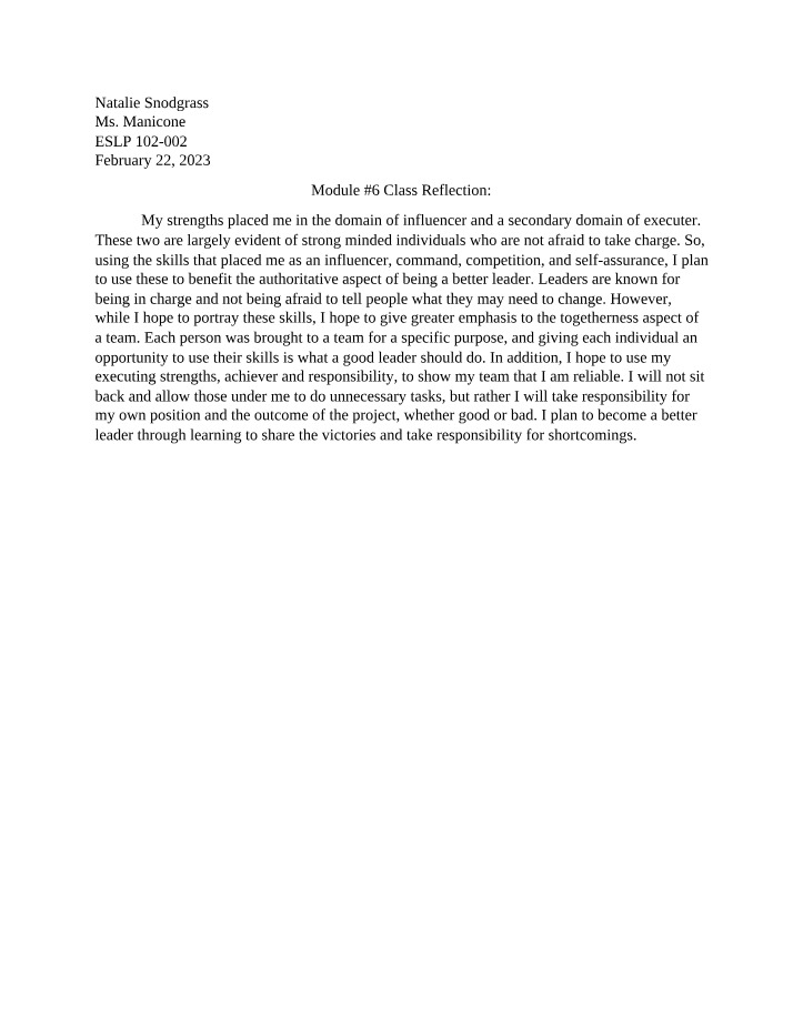 ESLP 102 Module 6 Class Reflection