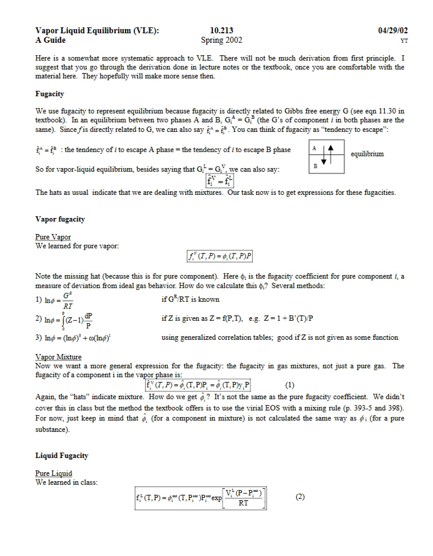 Equilibrium of Vapor and Liquid