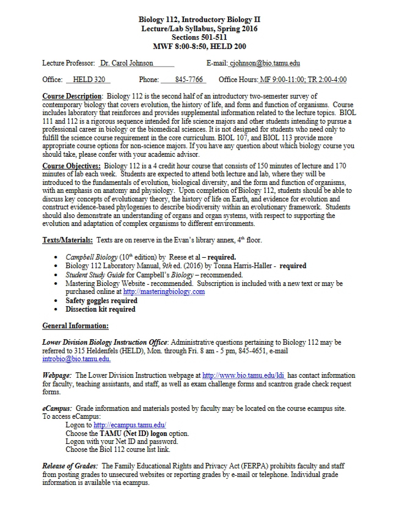 Syllabus for Introductory Biology II from Spring 2016