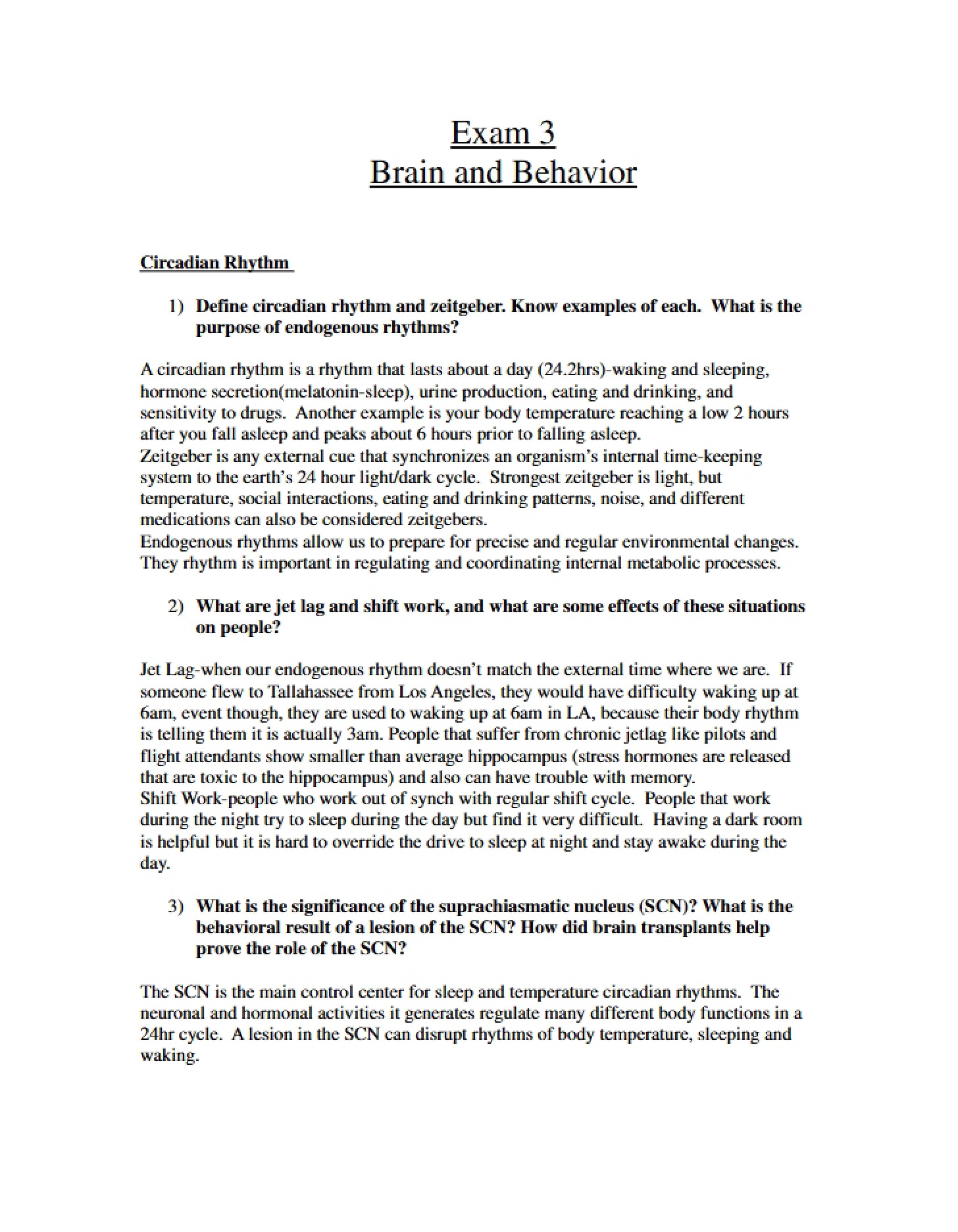 Brain and Behavior Exam 3
