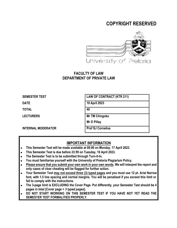 Law of Contract (KTR 211) Semester Test