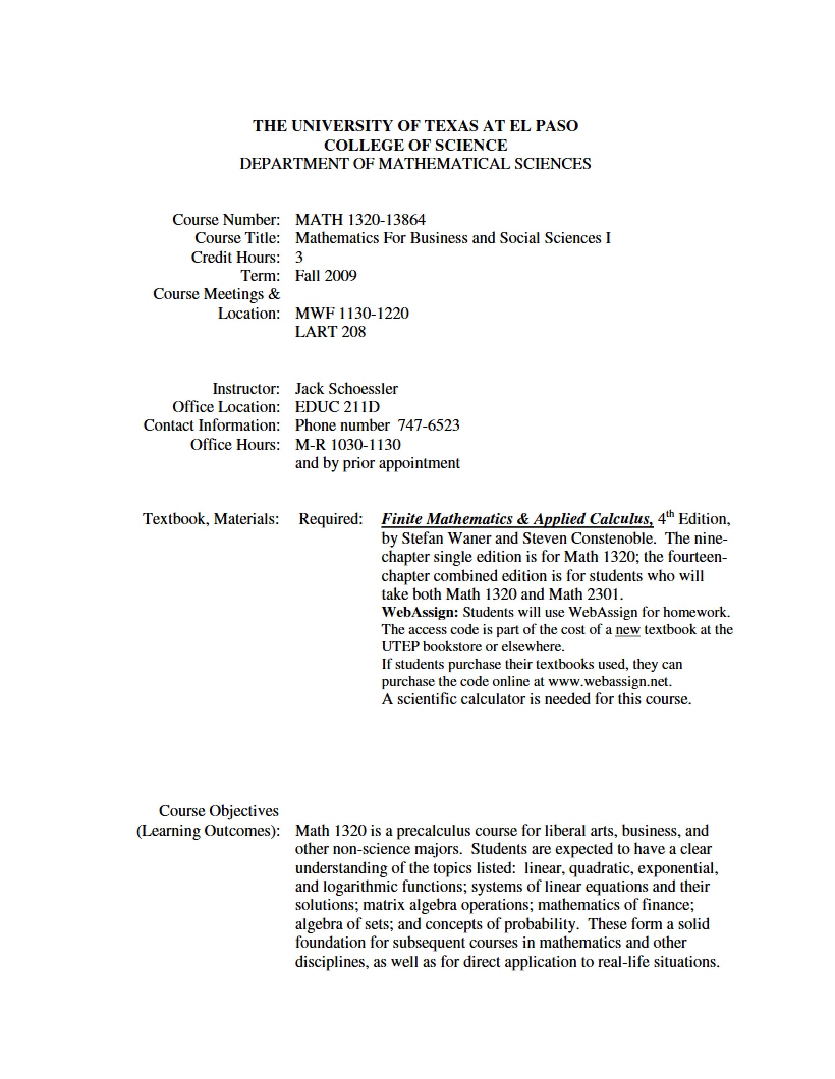 Math for Social Sciences I Syllabus - Math For Social Sciences I (c)