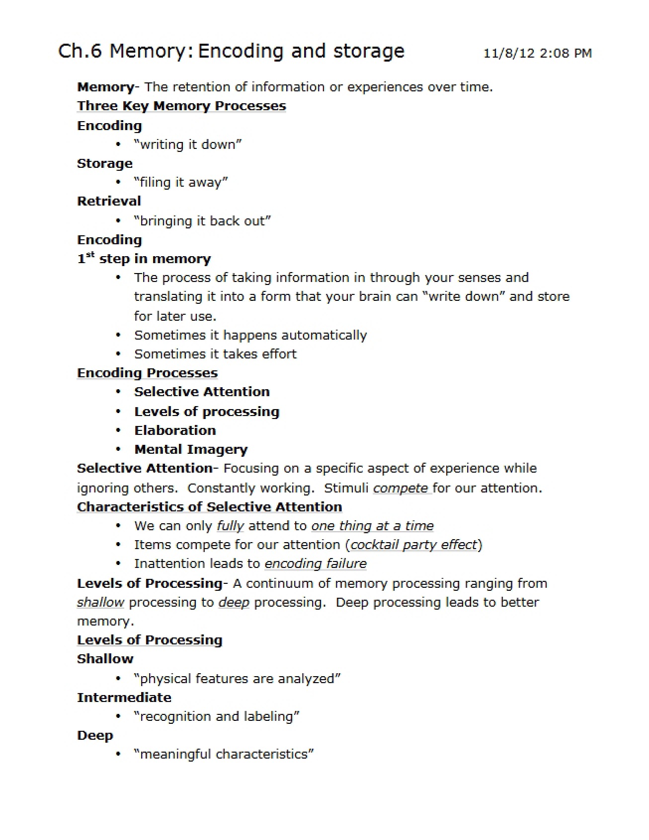 Encoding and Storage of Memory (Ch 6)