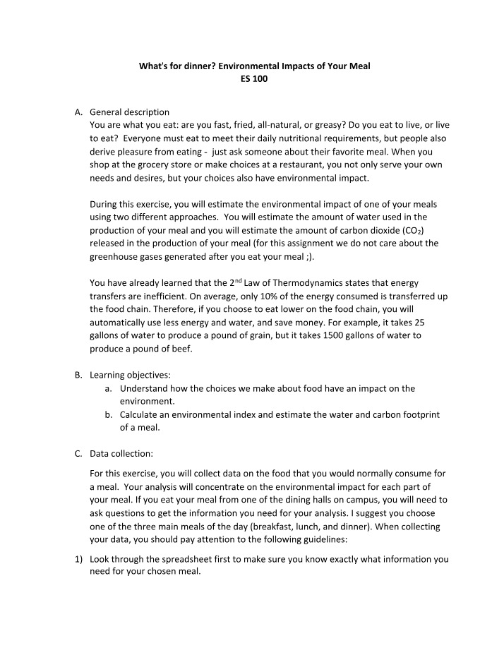 ES 100 Assignment - Environmental Impacts of Your Meal