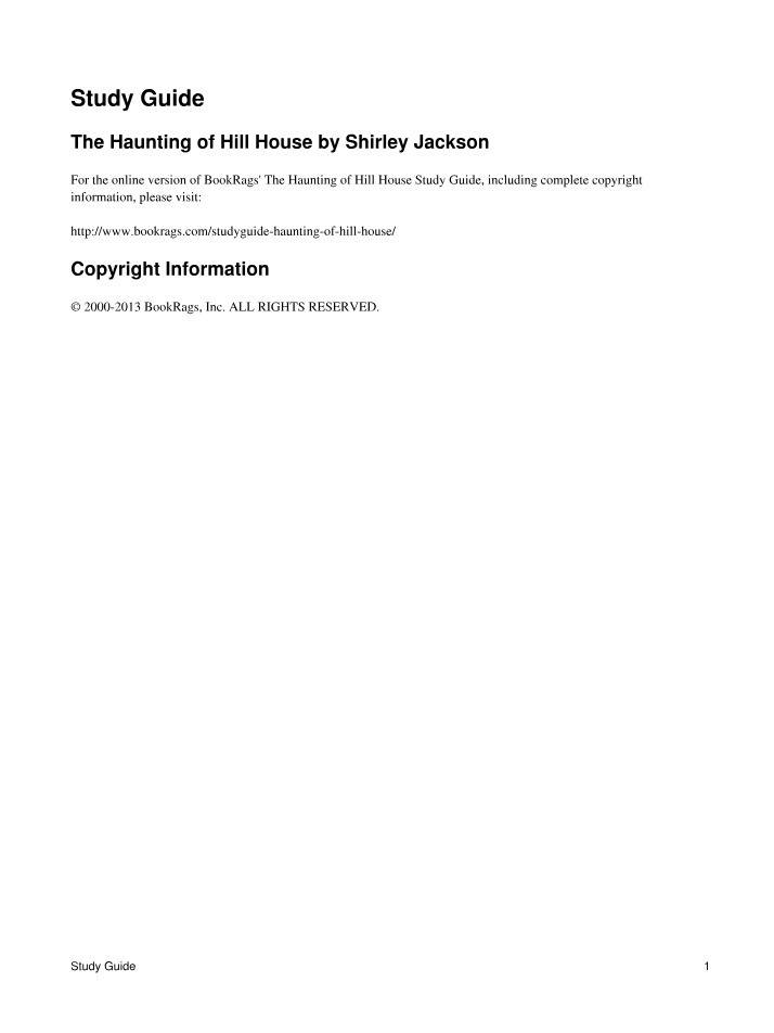 The Haunting of Hill House - Plot Summary Study Guide