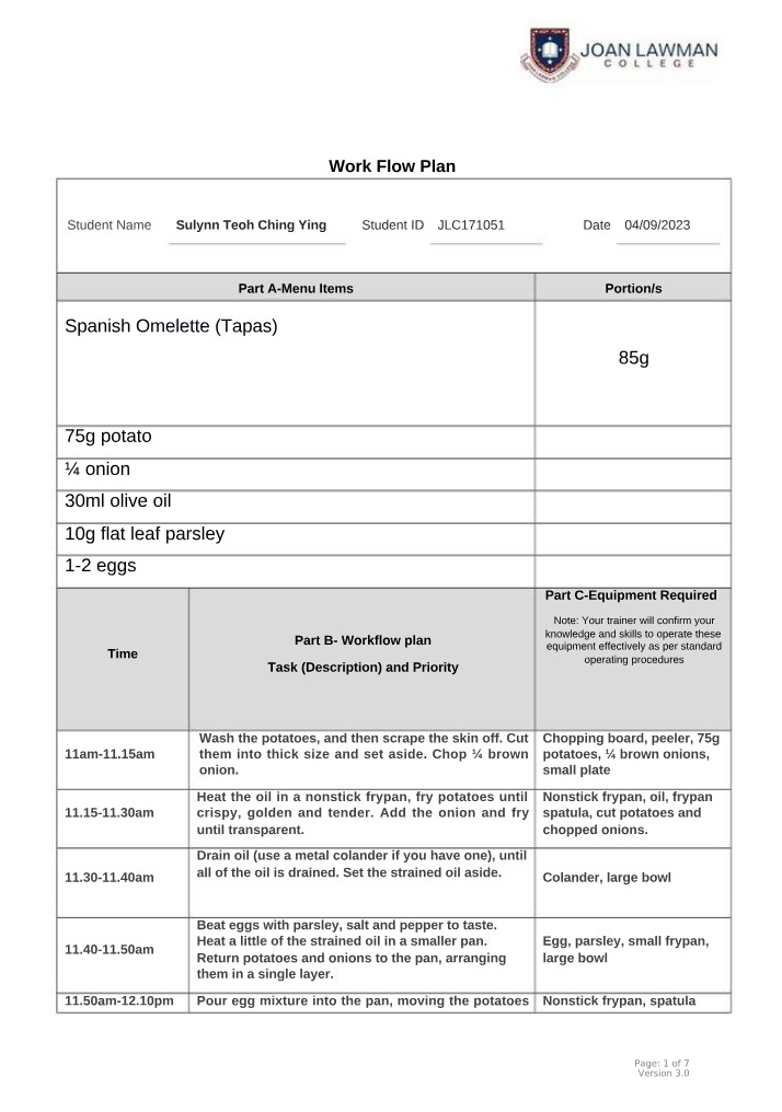 Recipe Workflow Plan for Spanish Omelette Tapas