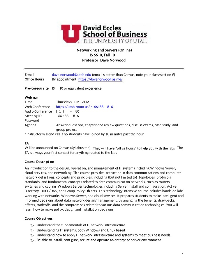 IS 6640 Syllabus - Networking and Servers Fall 2022