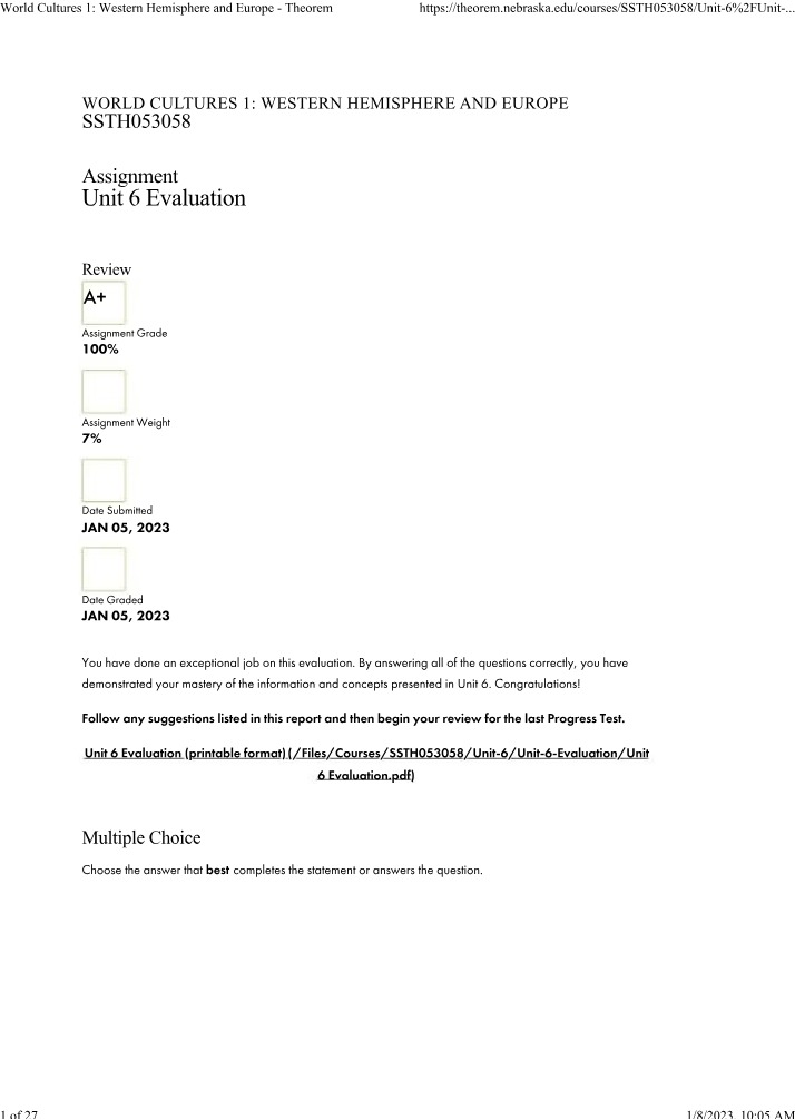 World Cultures 1 - Unit 6 Evaluation