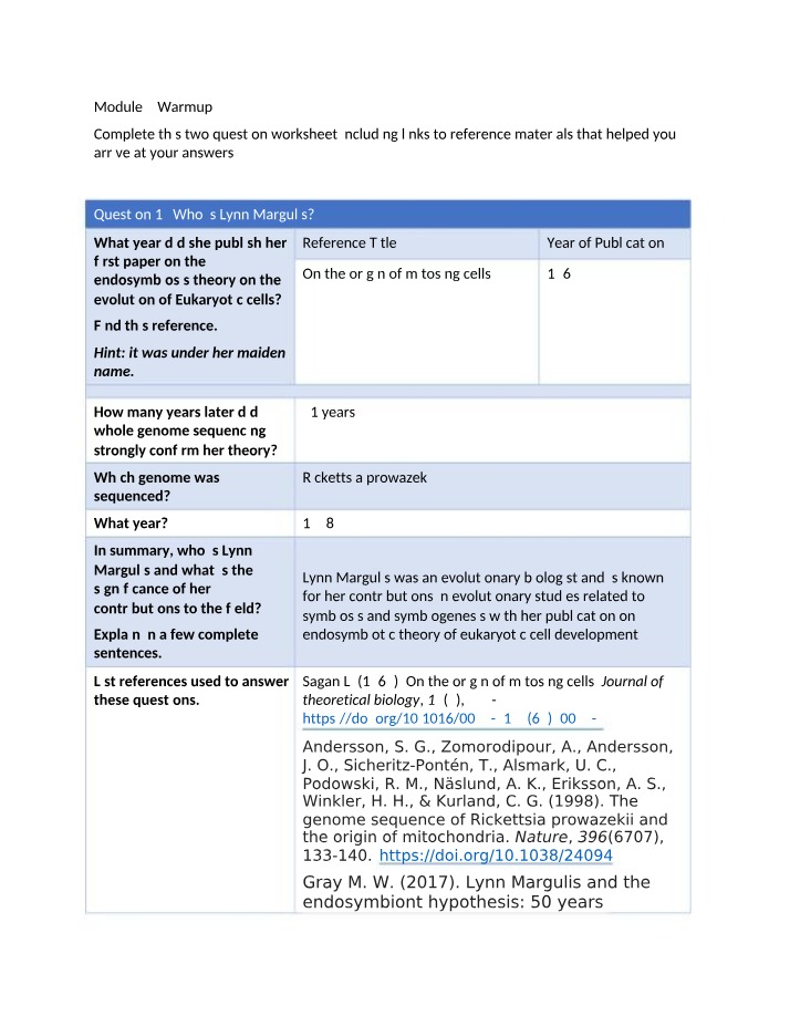 Worksheet on Contributions to Endosymbiotic Theory by Lynn Margulis and Carl Woese