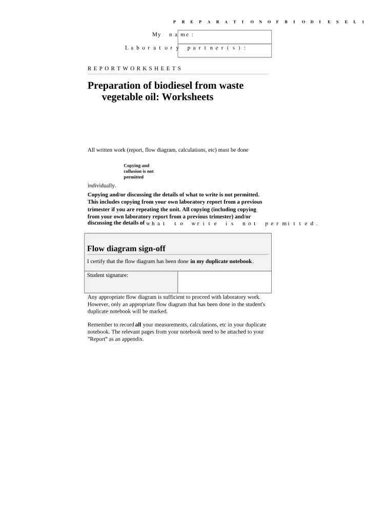 Worksheets - Preparation of Biodiesel from Waste Vegetable Oil