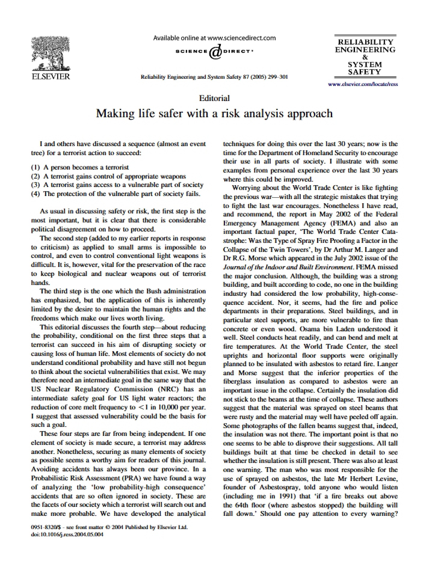 Risk Analysis Approach to Making Life Safer