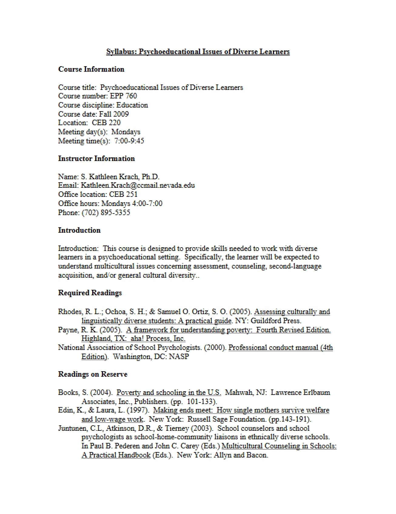 Diverse Learners Psychoeducational Issues Syllabus - 13 Pages