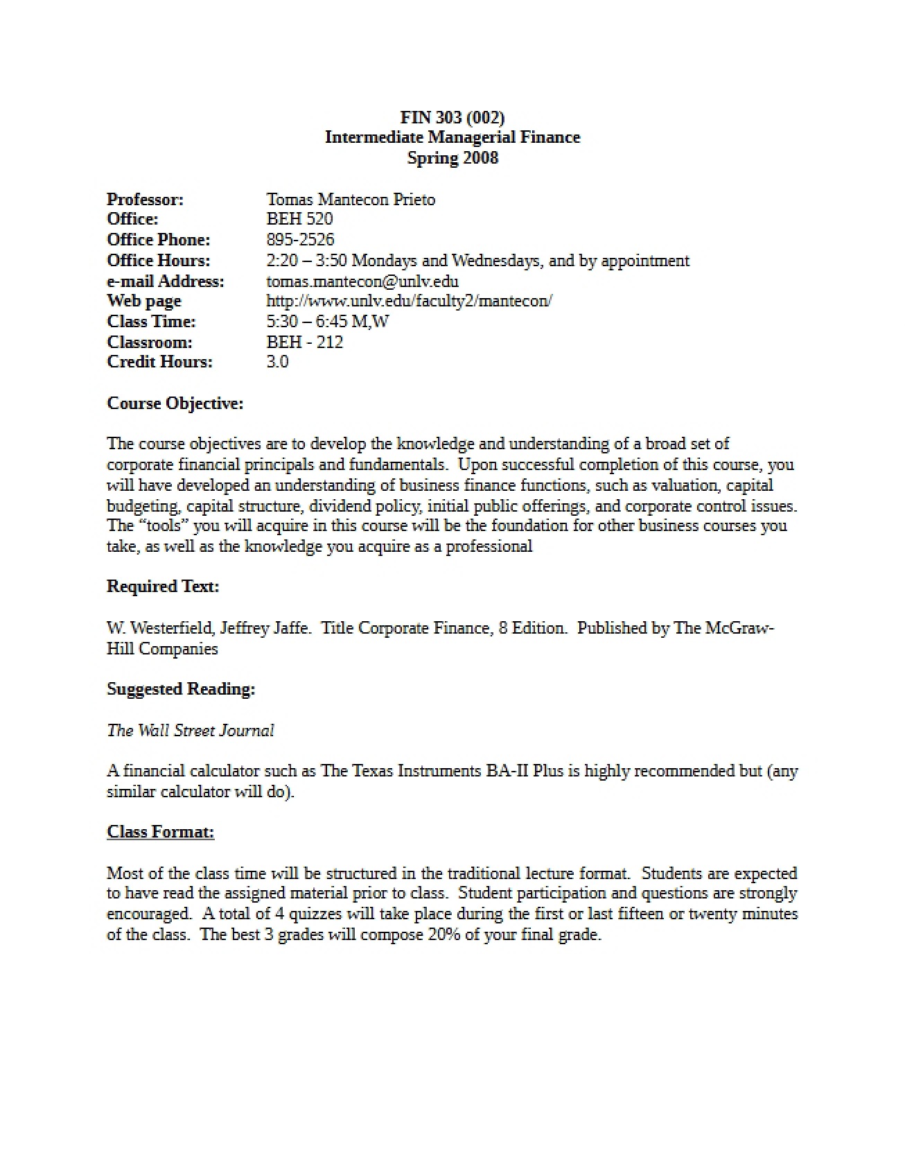 Intermediate Managerial Finance Syllabus