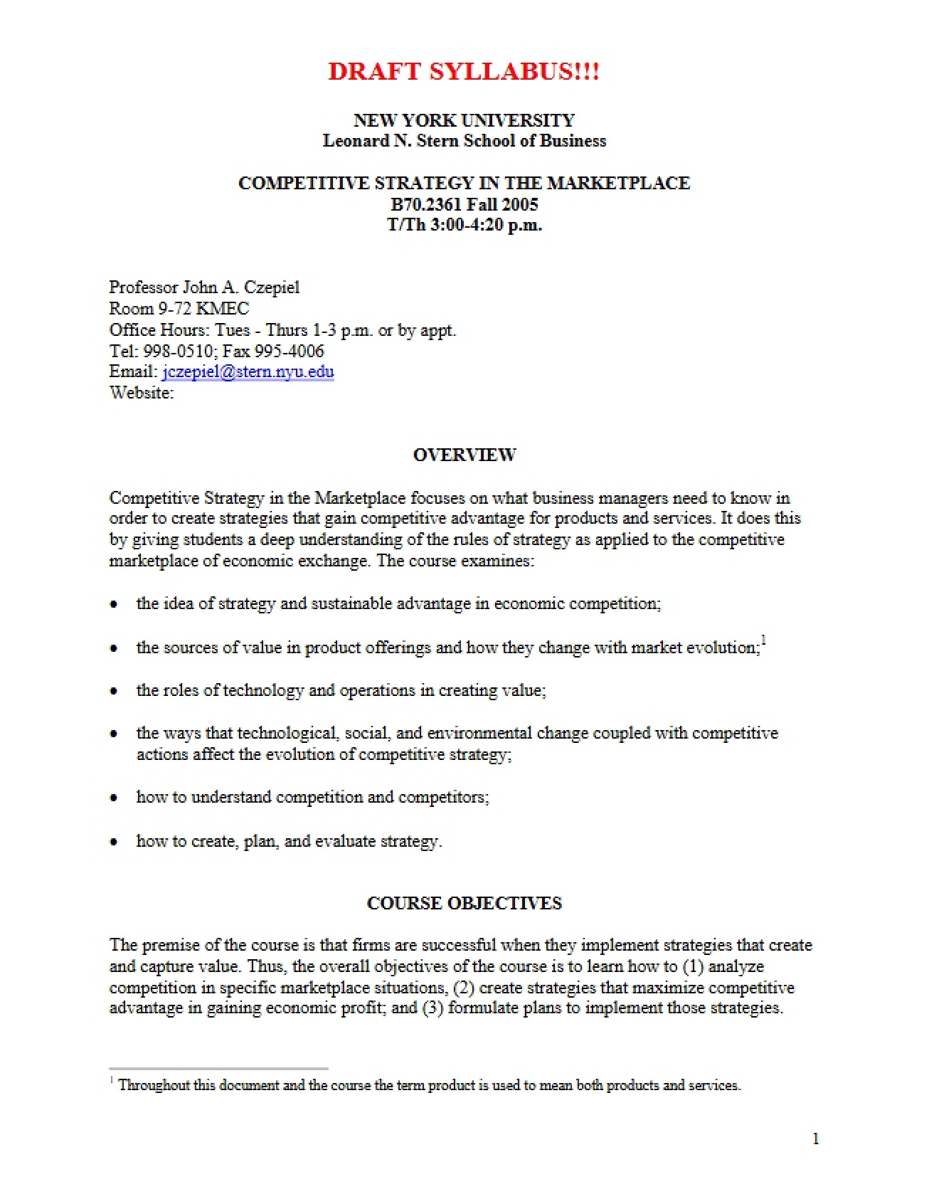 Course Outline Competitive Strategy