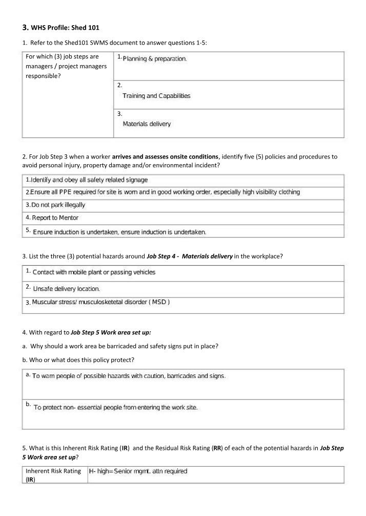 Notes and Questions for WHS Profile Shed 101