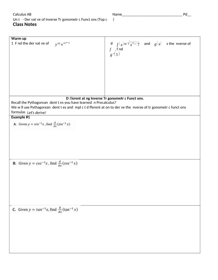 Inverse Trigonometric Functions - Derivative Formulas and Notes