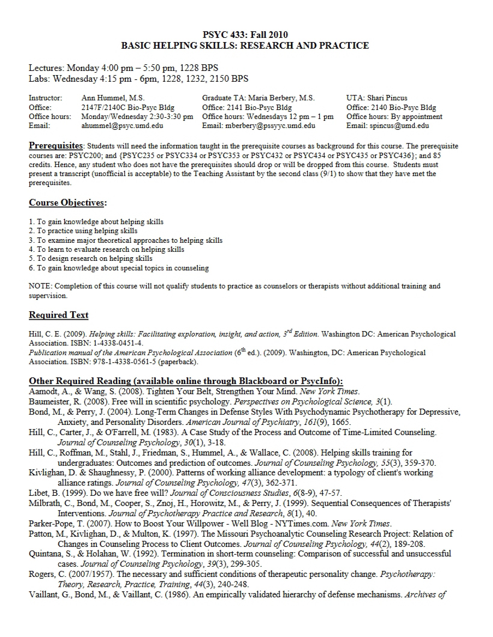 Helping Skills Course Syllabus