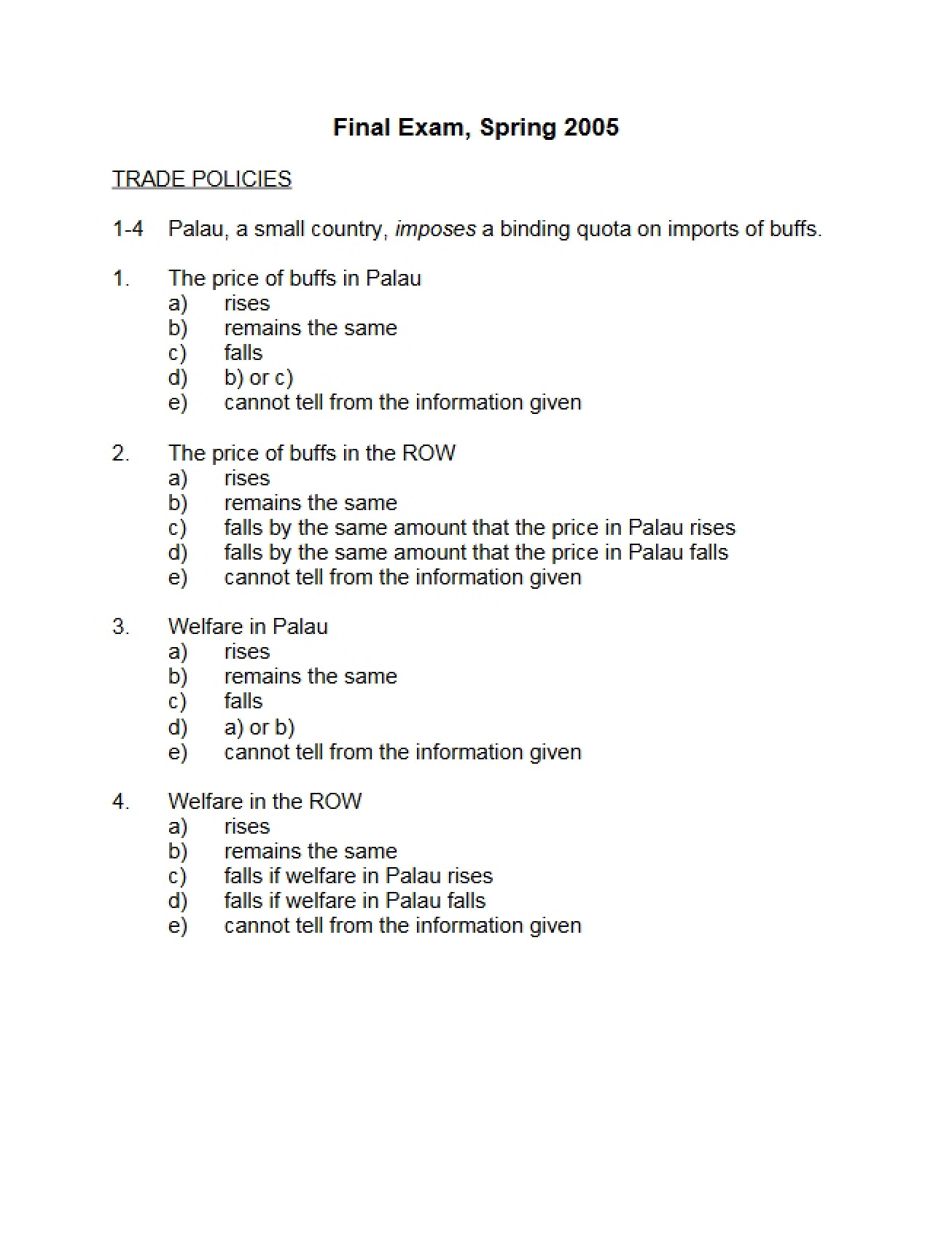 Final Examination for International Trade Policy