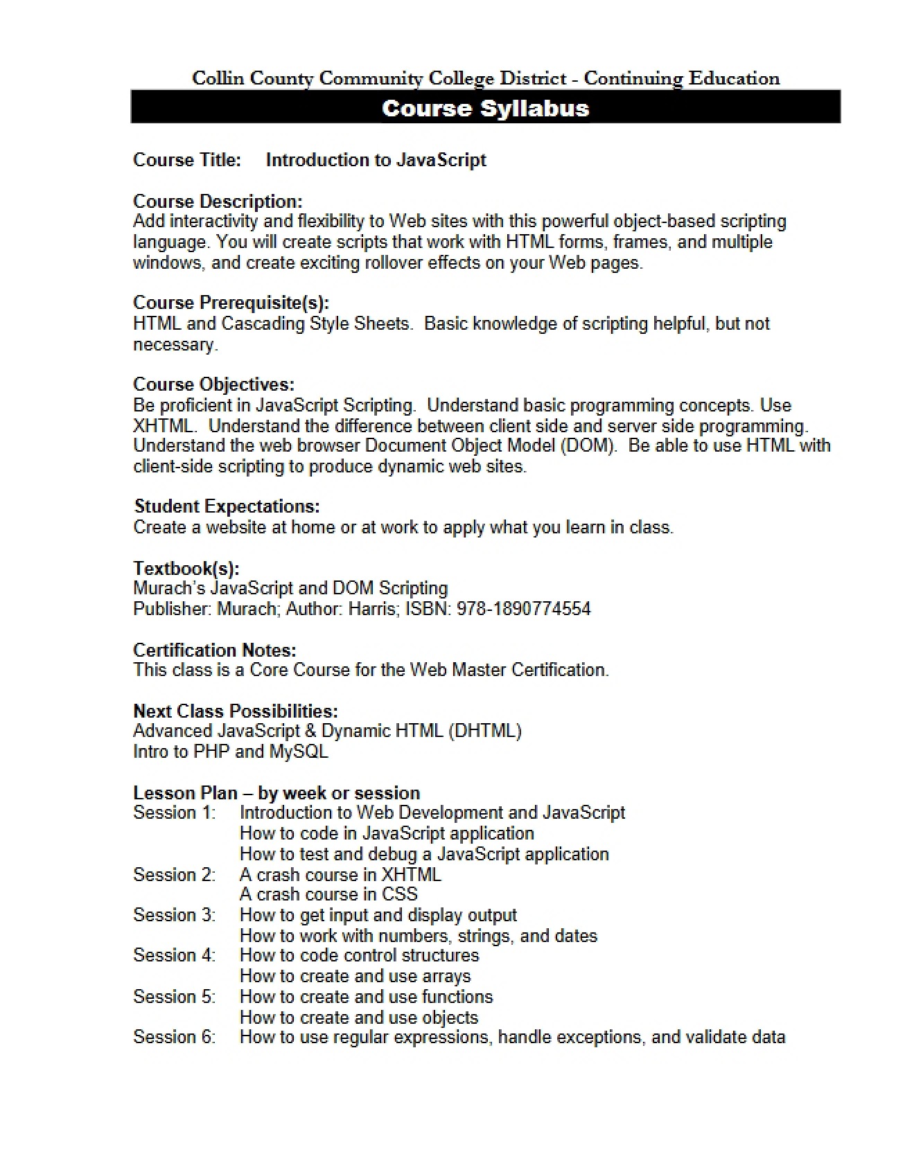 Syllabus Intro to JavaScript