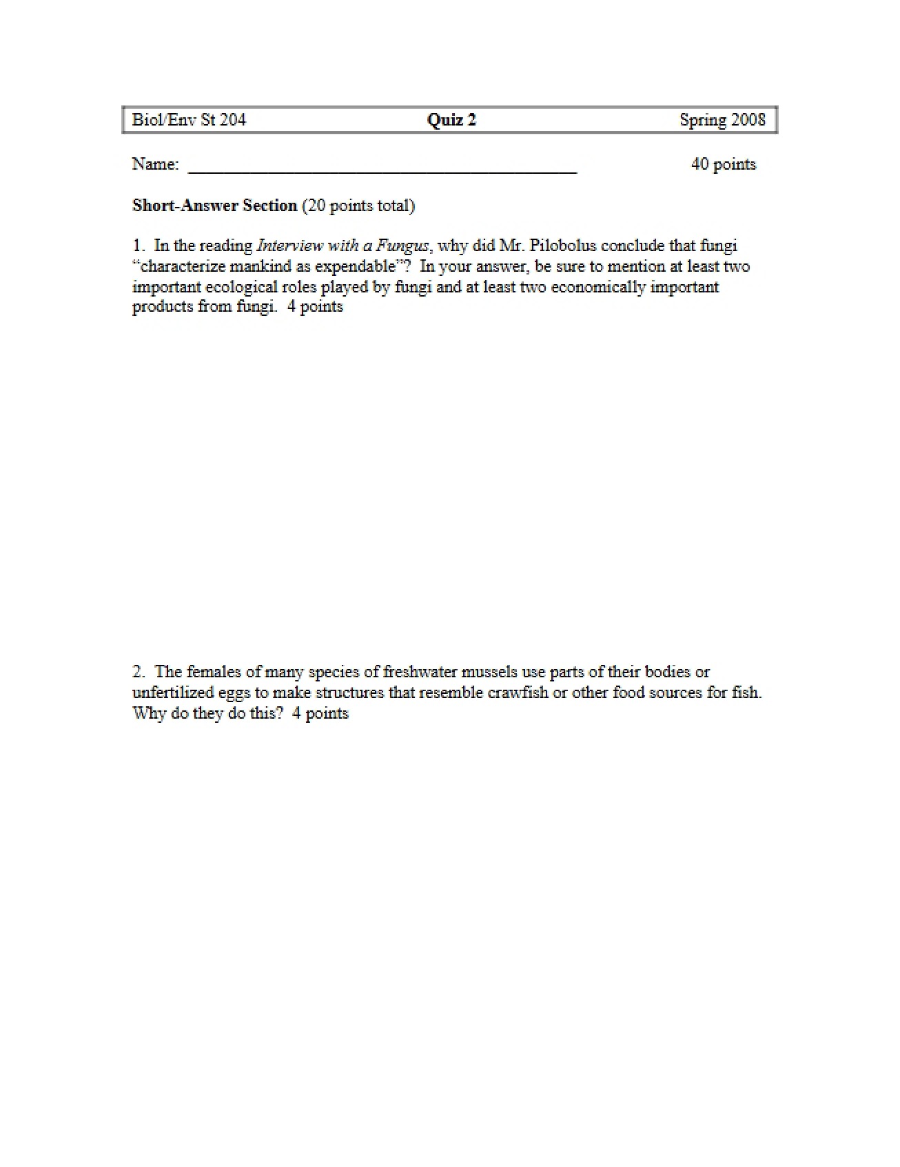 General Quiz for the Biodiversity Course