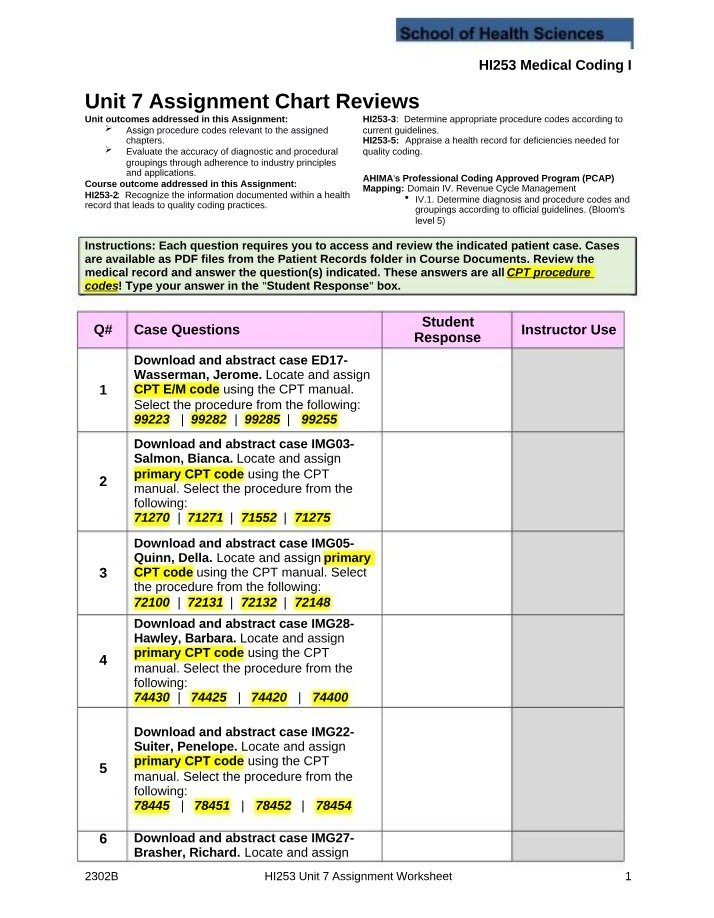 HI253 Unit 7 Assignment Worksheet Part A