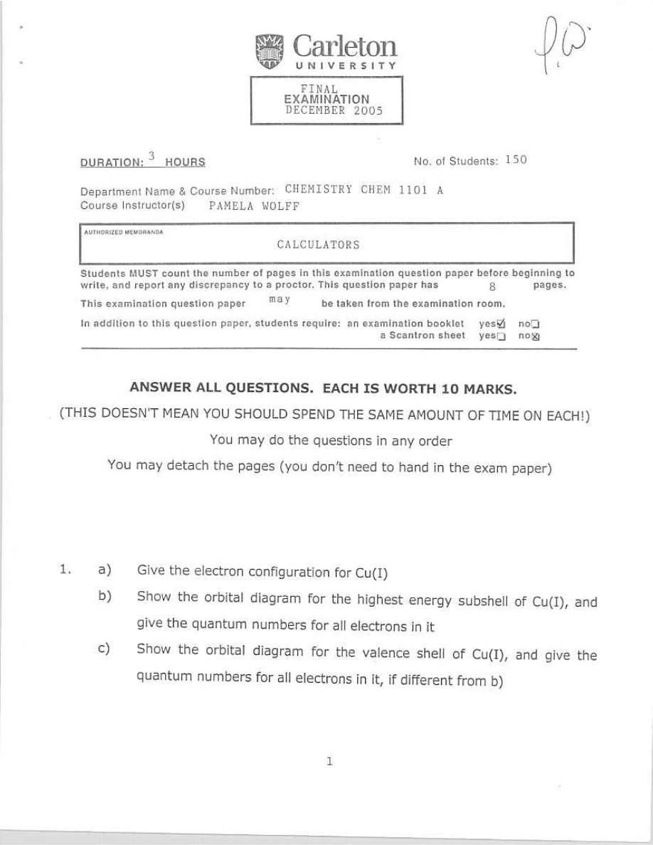 CHEM 1101 A Final Exam (December 2005)