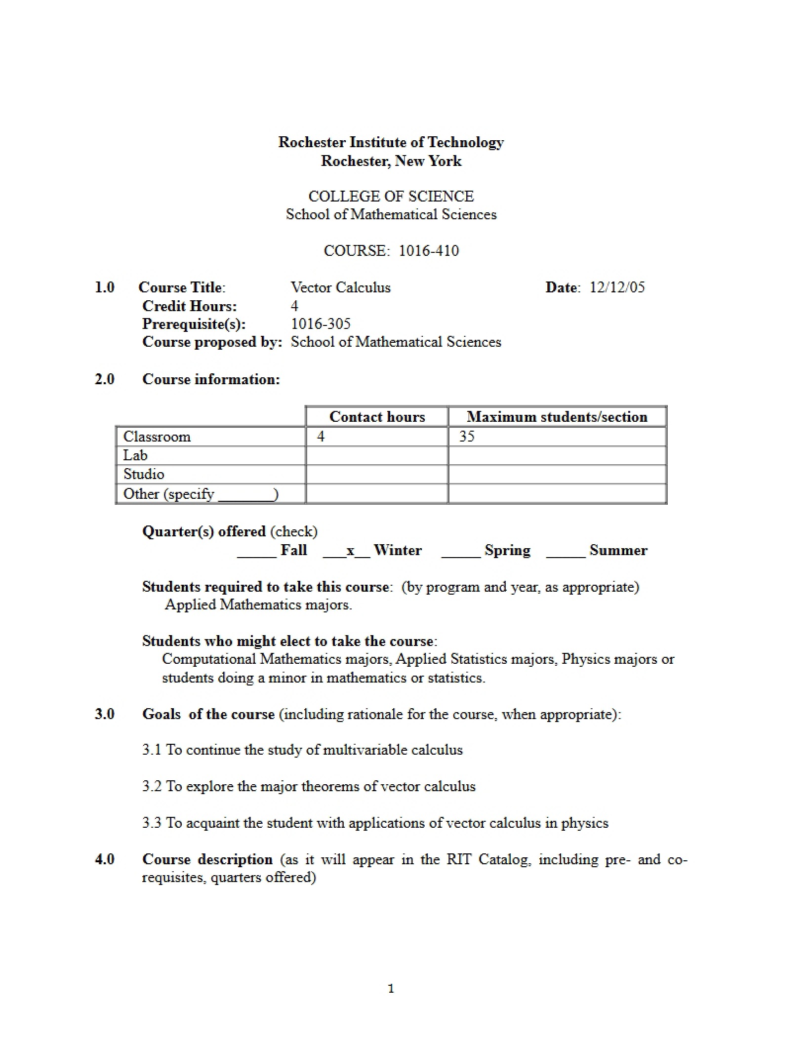 Vector Calculus Course Information