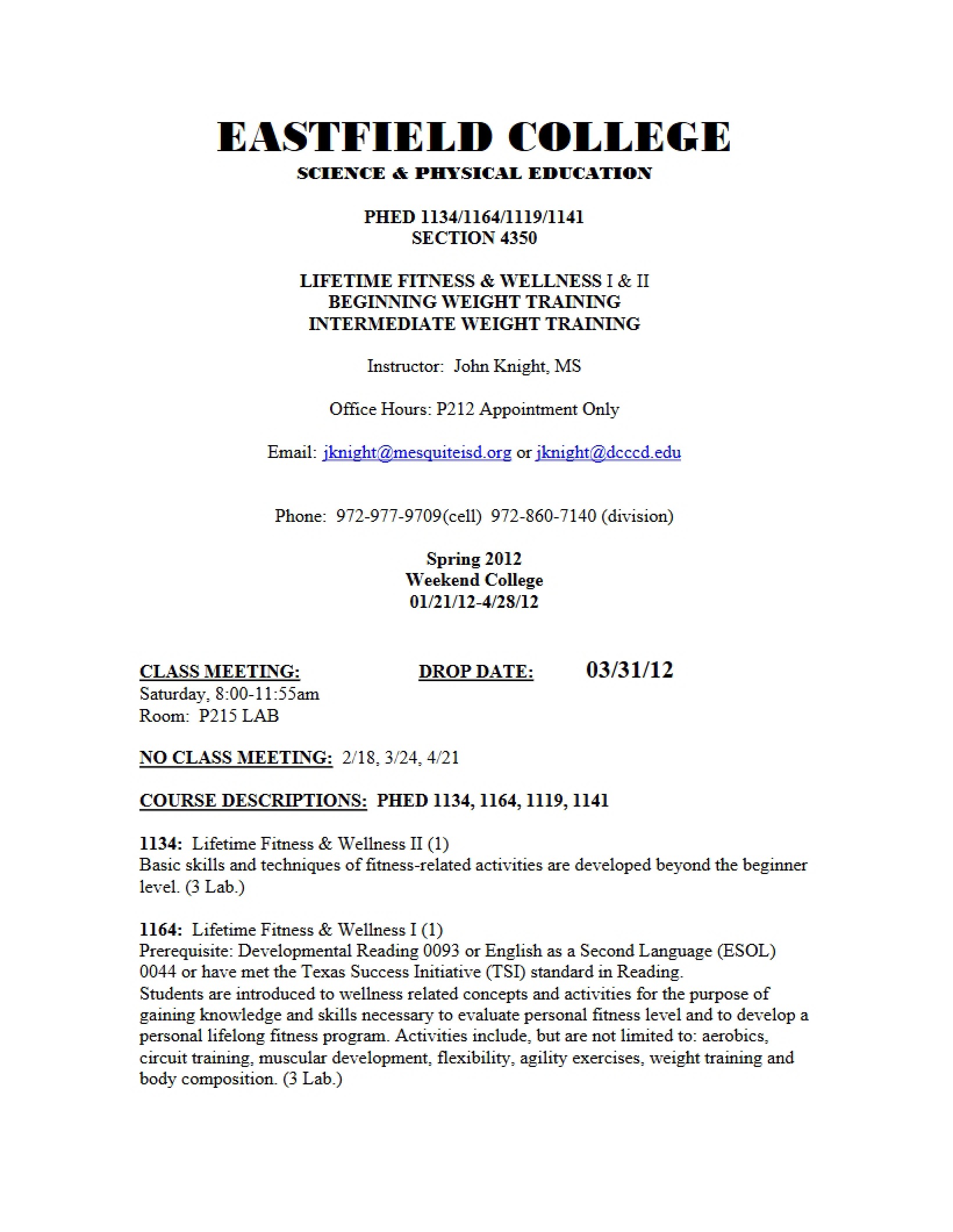 Syllabus for Lifetime Fitness and Wellness II - 7 Pages
