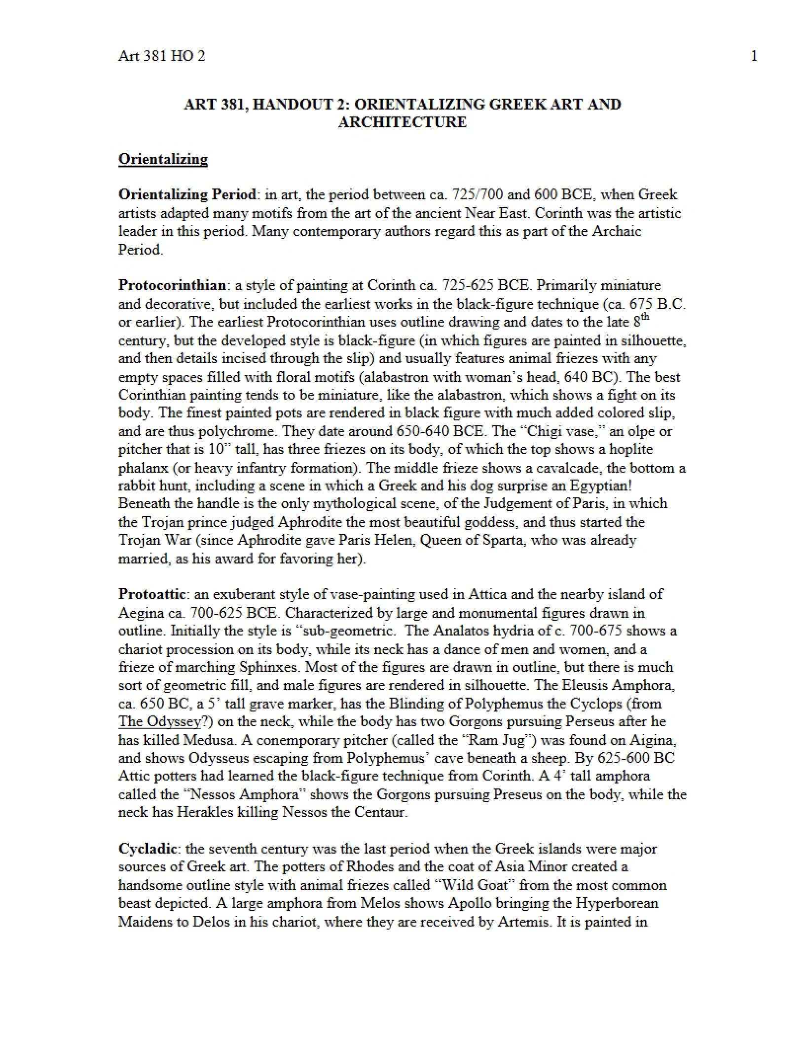 Greek Architecture and Orientalizing Art Handout Two