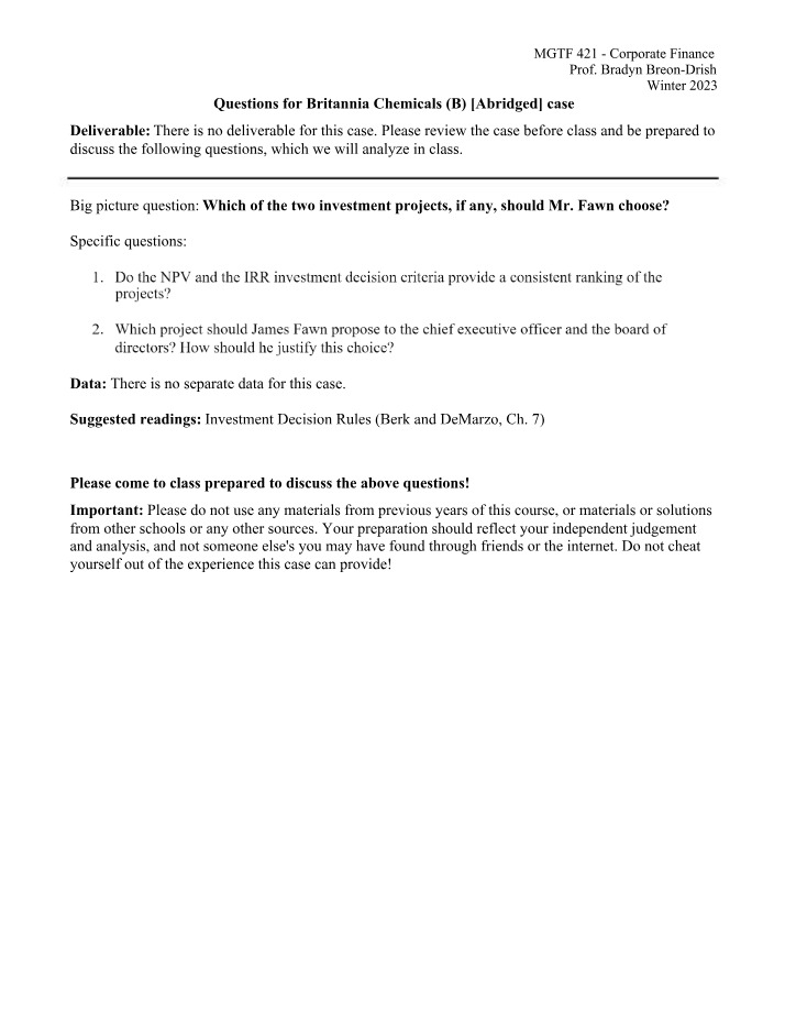 Case Questions for Britannia Chemicals (B)