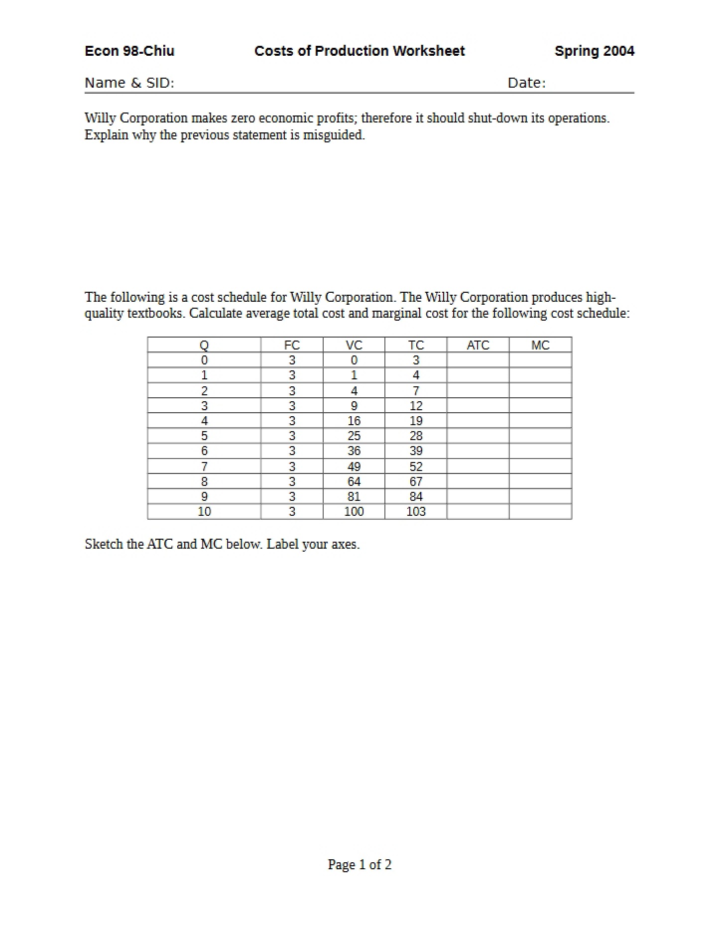 Worksheet Costs of Production