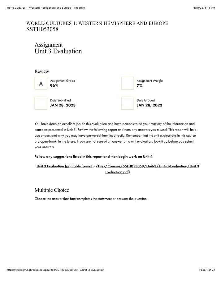 World Cultures 1 - Unit 3 Evaluation